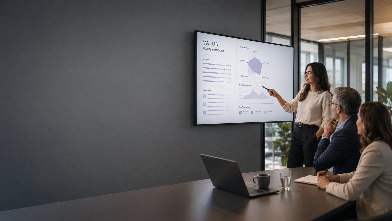 Kandidaat bespreekt een VALU5-rapport met een manager in een professionele werkomgeving